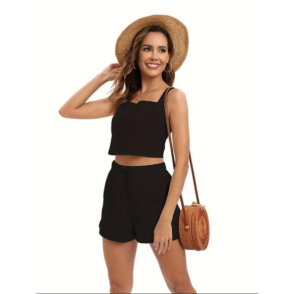 Womens - NWT - Two Piece Linen Blend Set Black Tank Top & Drawstring Shorts Sz M - Picture 4 of 9